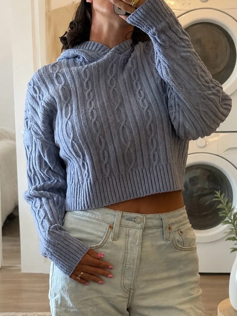 ALO Yoga Dusty Blue Cable-Knit Hooded Sweater
